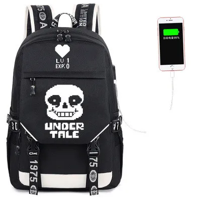 Undertale Flowey Sans череп USB порт рюкзак для мальчиков и девочек Мужская и женская сумка дорожная школьная сумка Подростковая сумка для ноутбука Mochila