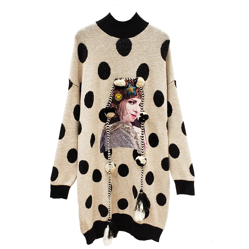 

Female Autumn Winter Women's Elegant Sweater Loose Fashion Printing Tassel Dot Long Knitting Turtleneck Sweater Pullovers Women