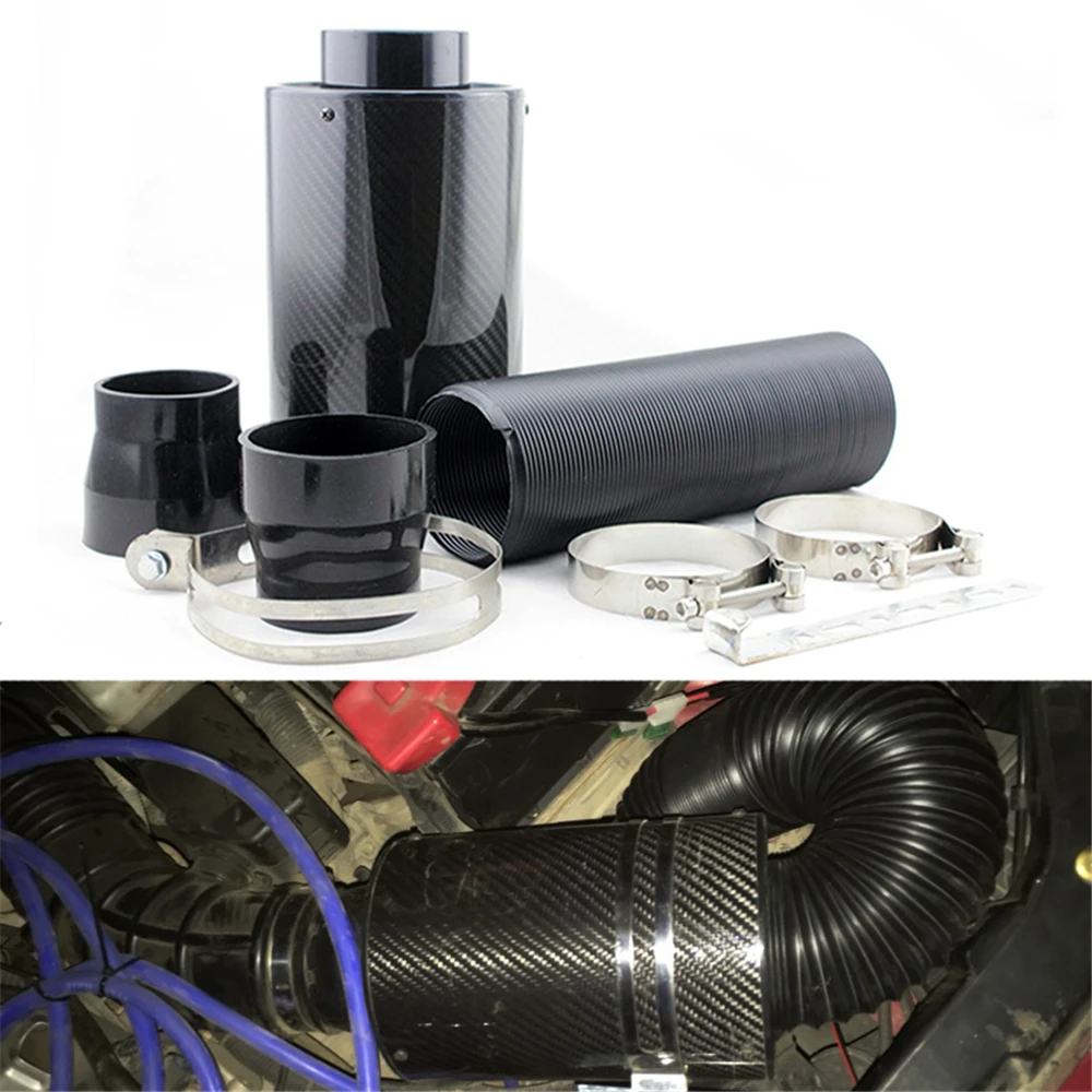 

76mm 3" Car Carbon Fiber Induction Air Intake Filter Kit Ram Filter Box Cold Air Intake Bellows System Part with Intake Hose