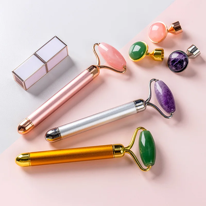 

2 in 1 Electric Vibrating Natural Rose Quartz Jade Roller Facial Massager Face Lifting Jade Massage Roller Skin Care Beauty Tool