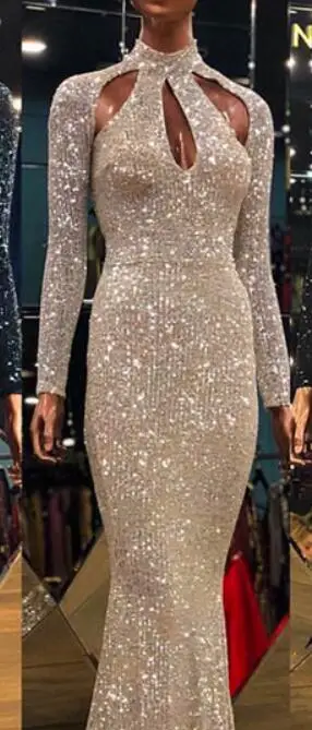 champagne Новые дизайнерские зеленые листья с высоким вырезом сексуальные вечерние платья расшитый блестками с длинными рукавом Роскошные вечерние платья Дубай халат De Soiree BLA6314 - Цвет: champagne