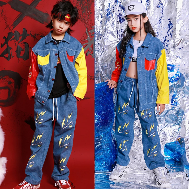 Student-Hip-Hop-Dancing-Costume-Red-Yellow-Denim-Jacket-Trousers-Loose-Street-Wear-Girls-Jazz-Dancewear (4)