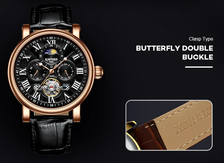KINYUED, модный бренд, турбийон, механические часы для мужчин, автоматические, водонепроницаемые, Скелетон, кожа, фаза Луны, часы, золото, Montres Homme