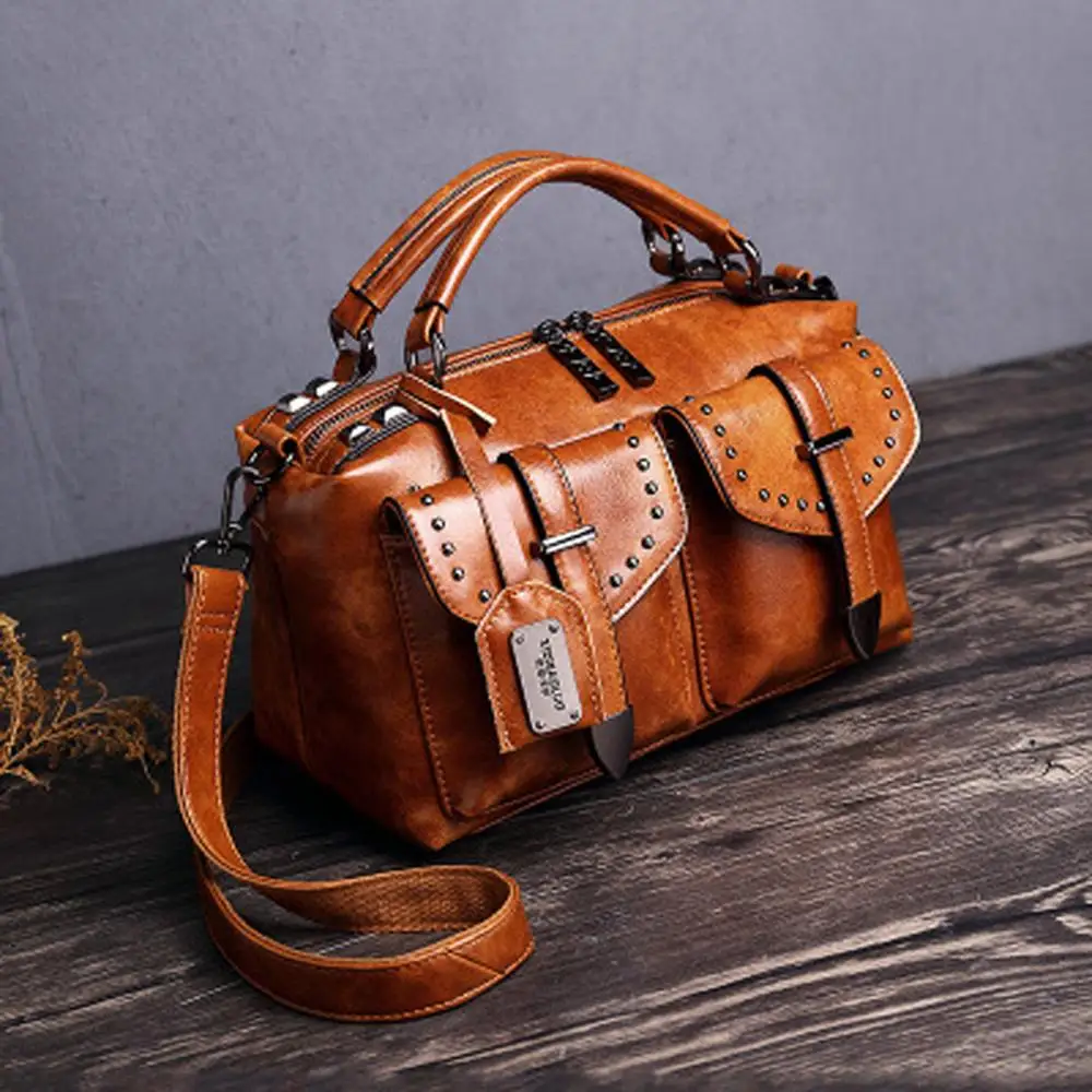 

Large Vintage Boston Rivet Genuine Leather Luxury Handbags Women Messenger Bags Designer Shoulder Bag Female Tote Bolsos Mujer
