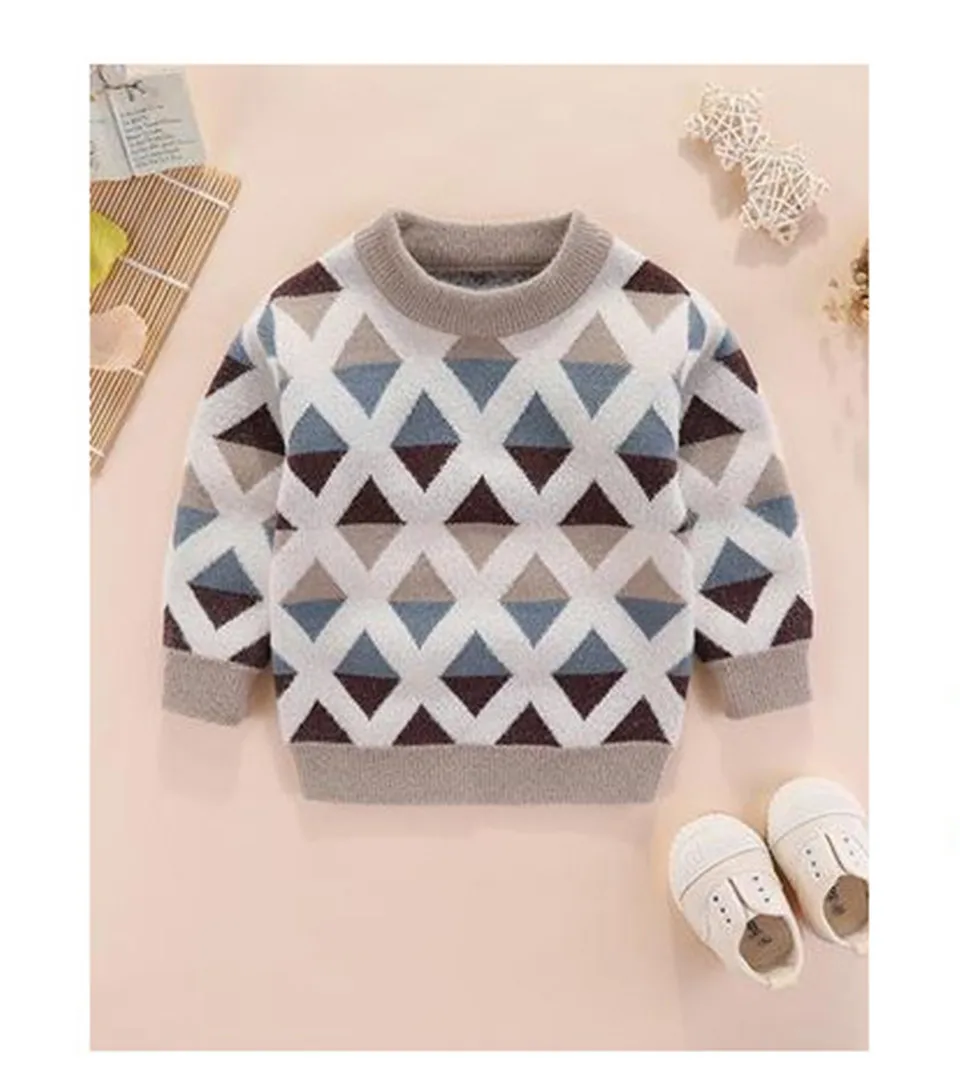 Autumn& Winter Girl& Boy Warm Sweaters O-Neck Leisure Plaid No Access Control Knitted Tiny Cottons Tops Ribbed Sweater M