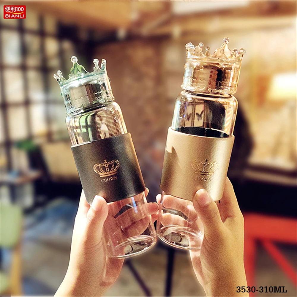 

Queen Fan Crown Glass Water Bottle 310/325ML Student Korean Creative Portable Water Bottles Anti-scalding Men and women Tea Cup