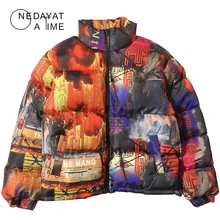 Men Colorful Graffiti Print Windbreaker Puffer Cotton Padded Parkas Streetwear Hip Hop Winter Thick Warm Parka Jackets Coat New