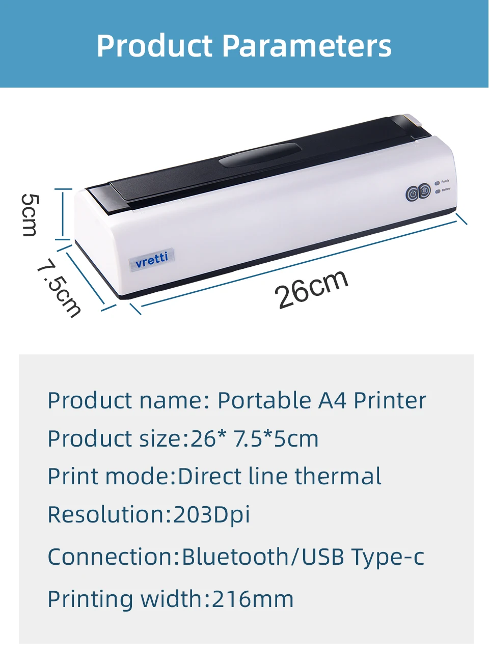 Vretti A4 printer Thermal Receipt Printer Bluetooth USB Port Home Office Small Portable POS Long Lasting Life Thermal Printer pocket mini printer for student