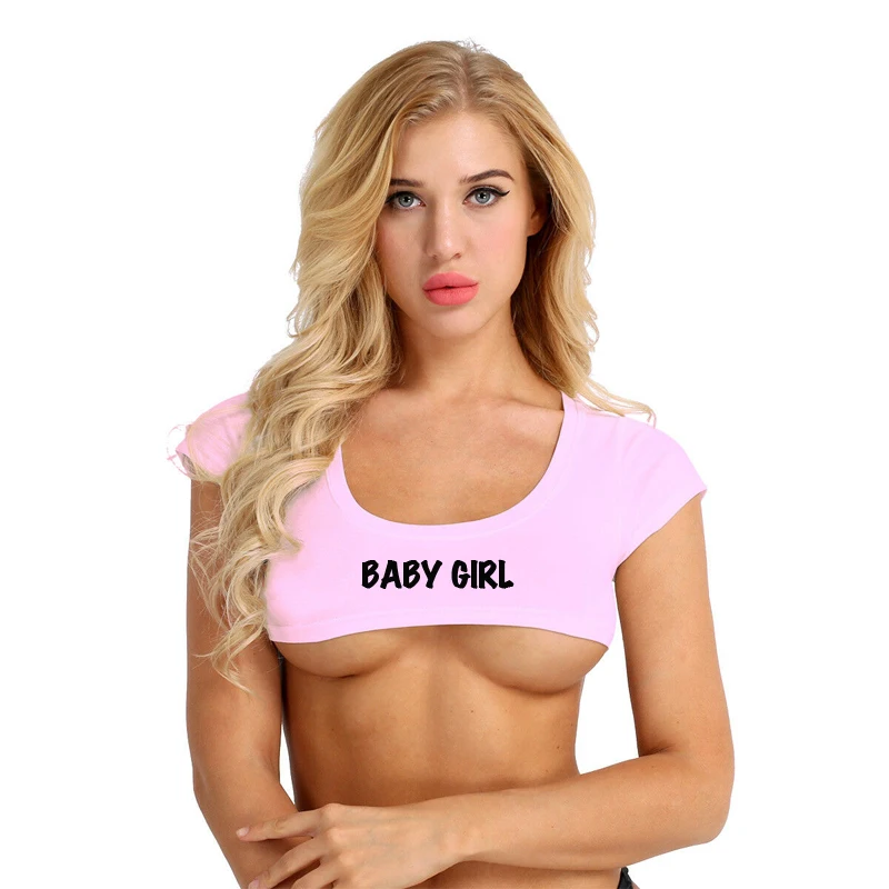 Розовый отрезать футболка микро Топ укороченный женщина сексуальная пиковая королева рабыня slut БДСМ TH88 - Цвет: BABYGIRL