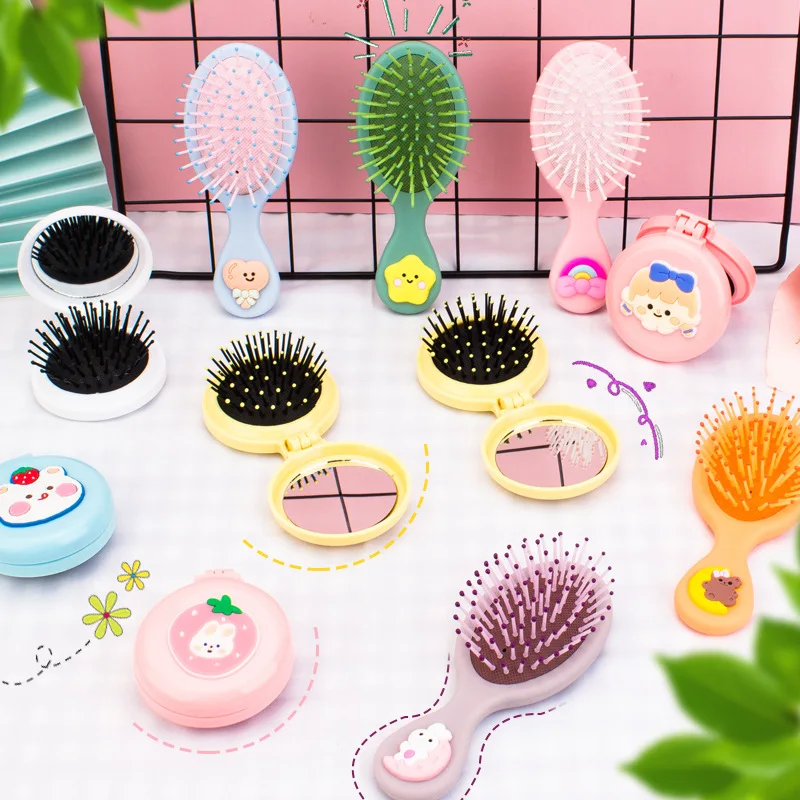 New Girl Cute Portable Mini Folding Massage Hair Comb Airbag Round Travel Hair Brush With Mirror Anti-static Hair Accessories