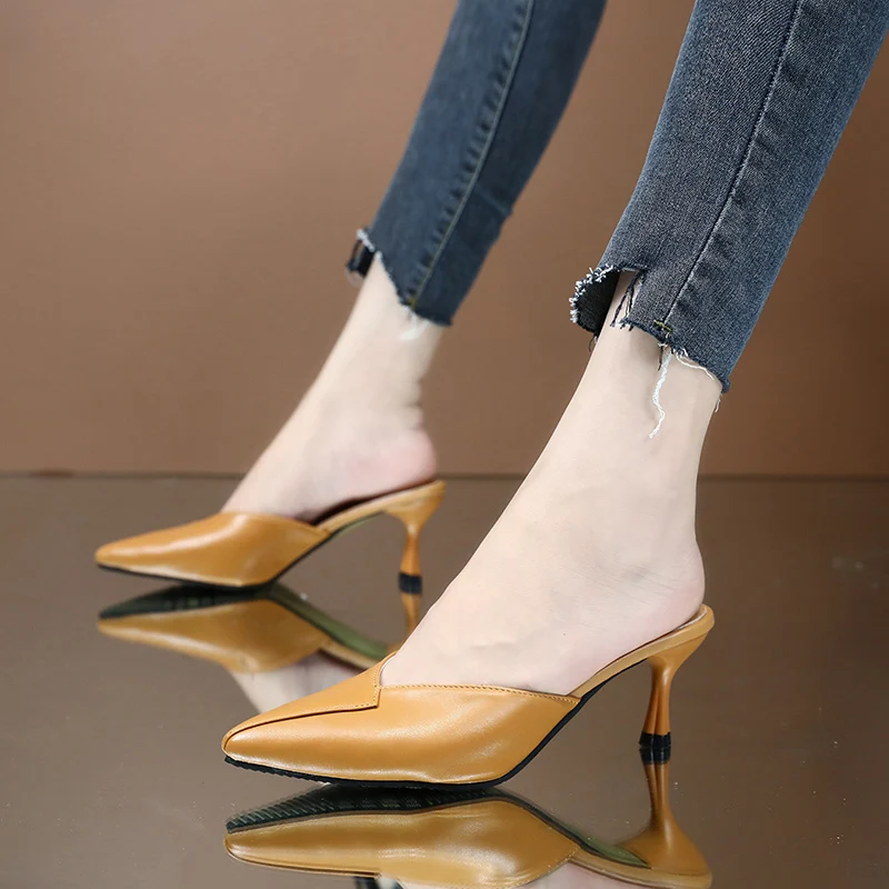 

Shoes Woman 2019 Thin Heels Heeled Mules Pointed Toe Butterfly-knot Woman's Slippers Shallow Med High New Soft Cover Slides