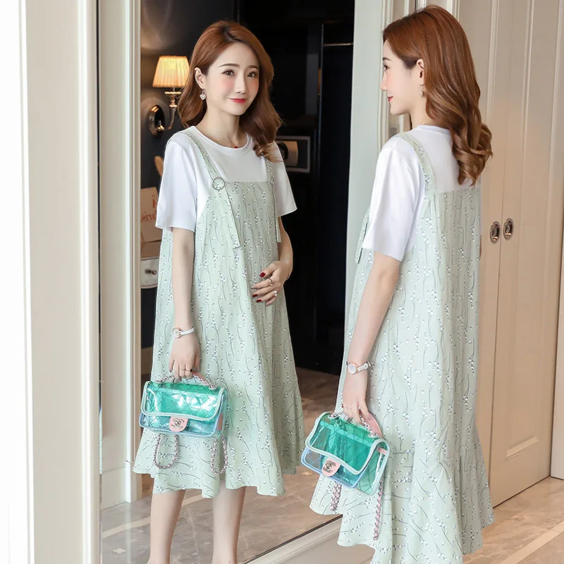 

Maternity Clothes 2019 Fake Two-Piece Pregnant Women Dress Summer New Style Joint Floral-Print Mid-length Skirt