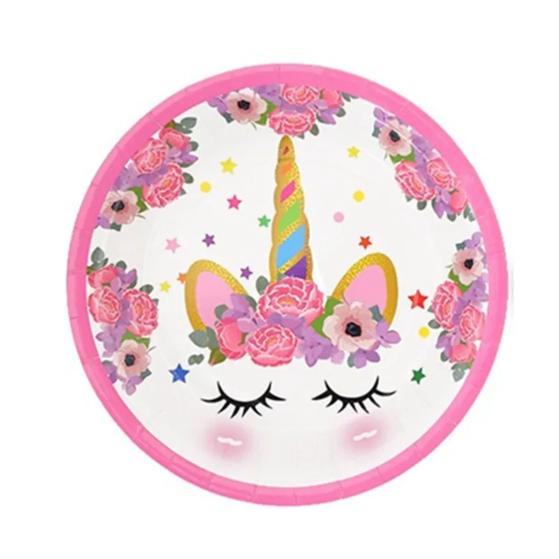 6pcs 9inch Plate Вечерние принадлежности с единорогом, Детская скатерть с единорогом на день рождения, бумажная тарелка, салфетка, баннер, топпер для торта, свадебные украшения для детского душа - Цвет: 6pcs 9inch Plate