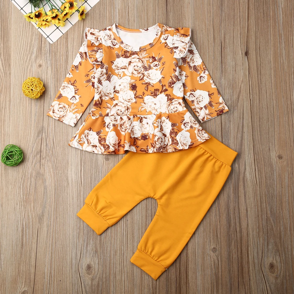Комплект одежды из 2 предметов для новорожденных мальчиков для маленьких девочек с оборками, комплекты одежды с цветочным принтом топы с длинными рукавами Брюки, комплект одежды со штанами