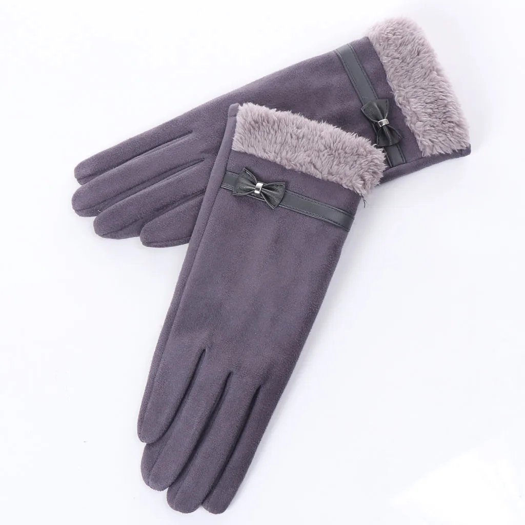 Black elegant Bow leather Pearl gloves full Finger Outdoor Women Thicken Winter mittens Warm Bowknot Thermal Fleece Gloves