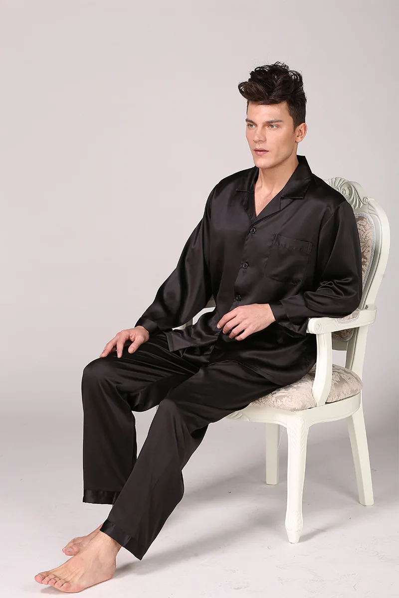 Мужская одежда для сна черного цвета, пижама с длинными рукавами, спальные костюмы для мужчин, домашняя одежда, шелковые пижамы для мужчин, одежда для сна, Мужская пижама, комплект