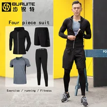 Мужской костюм для фитнеса из четырех частей, осенне-зимние колготки, зимняя быстросохнущая одежда с коротким рукавом для тренировок в тренажерном зале