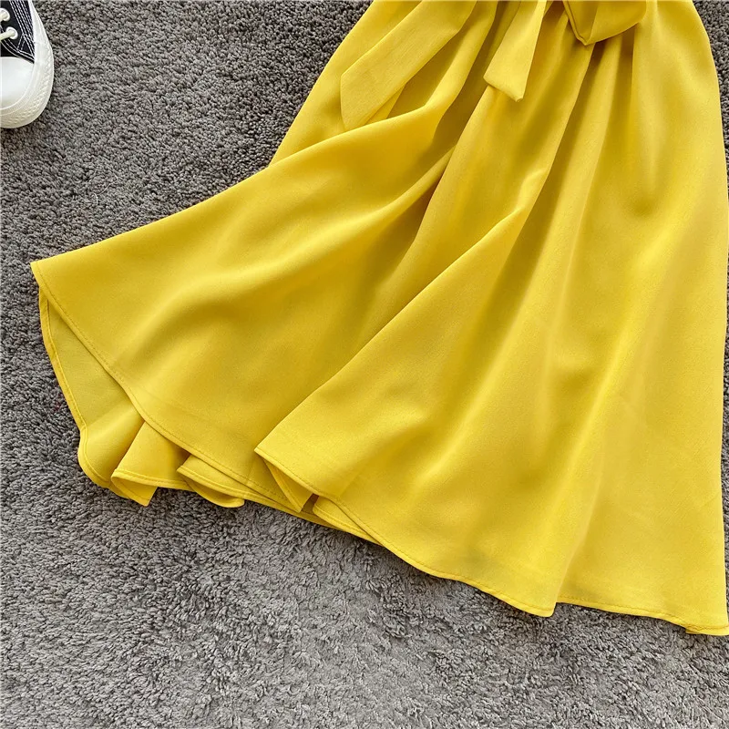 SINGRAIN Summer Women Off Shoulder Dress Bohemian Romantic Ruffle Sundress Party Holiday A-Line Retro Solid Chiffon Beach Dress