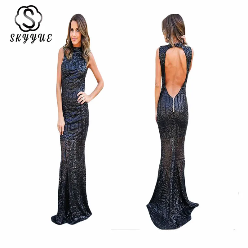 

Skyyue Sleeveless Sequins Evening Dress Women Party Dresses 2019 Plus Size O-neck Hollow Robe De Soiree Formal Evening Gown T002