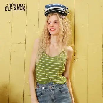 

ELFSACK Black Striped Skinny Sling Women Tank 2020 Spring White New Fashion Sleeveless Sexy Ladies V Neck Camis Tops