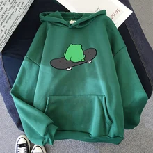 Kawaii Skateboard Frog Sweatshirt Oversized Harajuku Aesthetic Hoodie Women Spring Autumn Tops Casual Plus Size Pullover Clothes