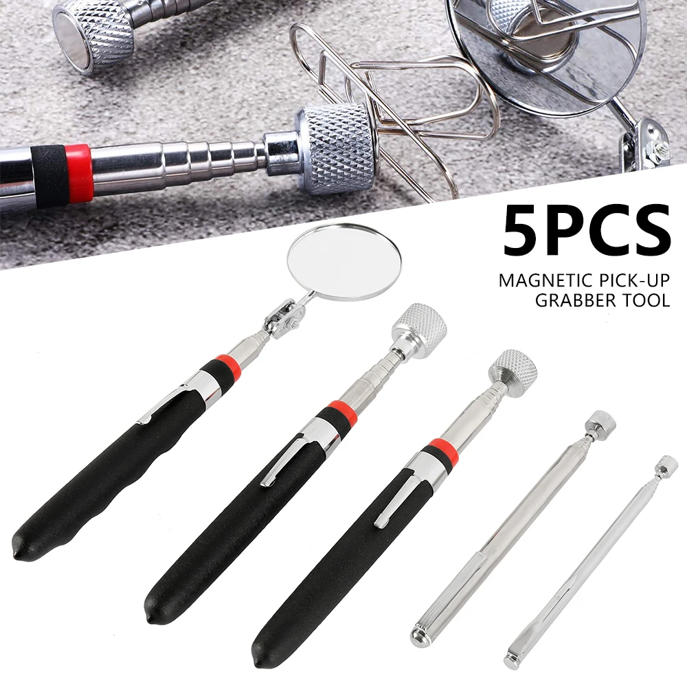 

5pcs Magnetic Pick-Up Tool Telescoping Grabber 360 Swivel Inspection Mirror with LED Light for Viewing Pickup