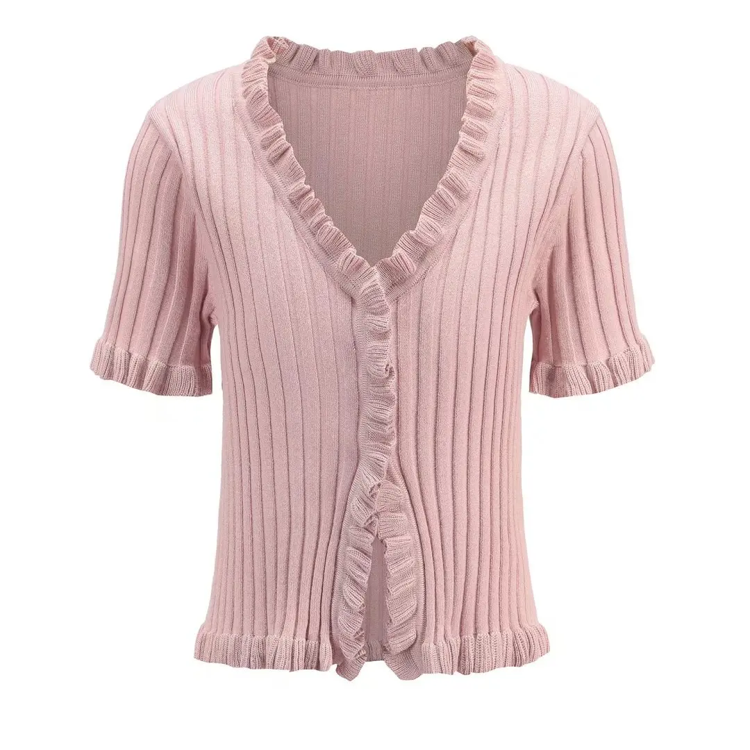 

Women open stitch Ruffle Trim Crop Knit Cardigan with Short Sleeve Deep V Neck Crop Knit Tops