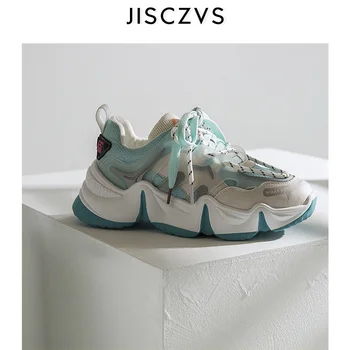 

2020 Spring Breathable Sneakers Women Genuine Leather Platform Mixed Color Sneakers Women INS Lace-up Casual Women Shoes
