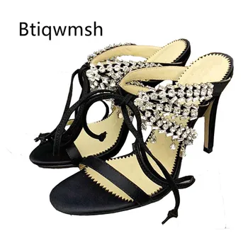 

Sexy Rhinestone Sandals Women Open Toe Black Satin Crystal Flower High Heel Shoes Woman Fashion Party Shoes