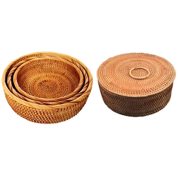 

Fruit Box Basket Rattan Storage Tissue Key Package (Color B) & Hadewoven Round Rattan Fruit Basket Wicker Food Tray