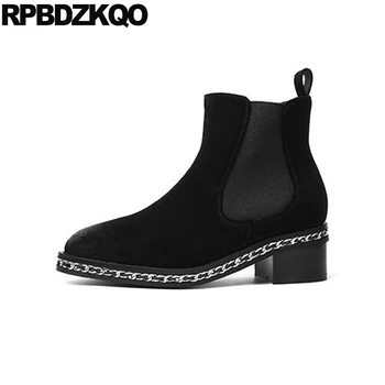 

japanese metal chelsea embellished chunky women ankle boots 2019 round toe shoes 10 big size black chain plus booties block