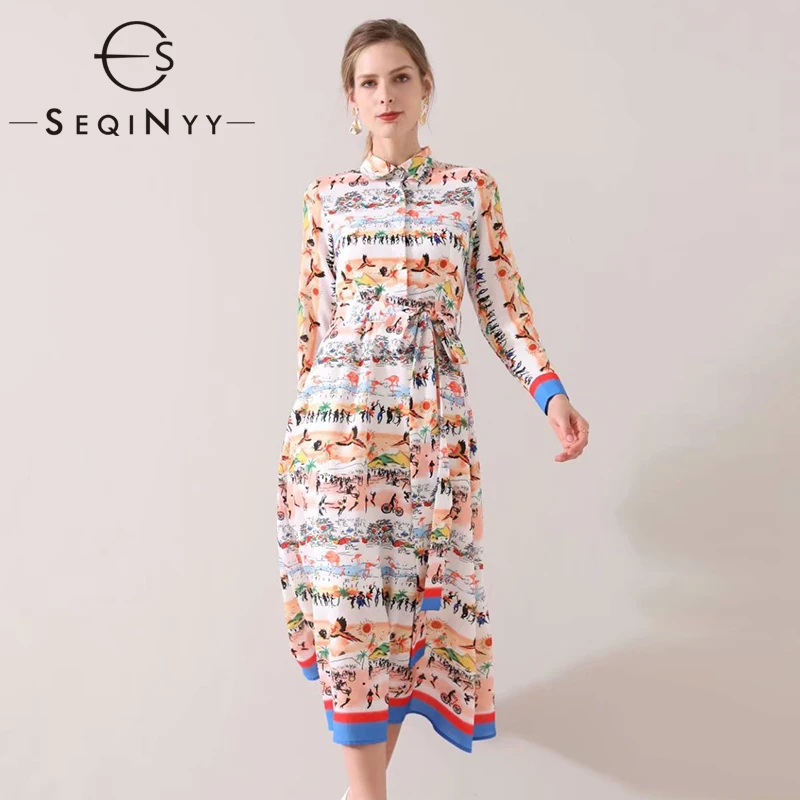 SEQINYY платье миди, весна-осень, модный дизайн, Женская богемная рубашка трапециевидного силуэта с длинным рукавом и принтом, Повседневное платье