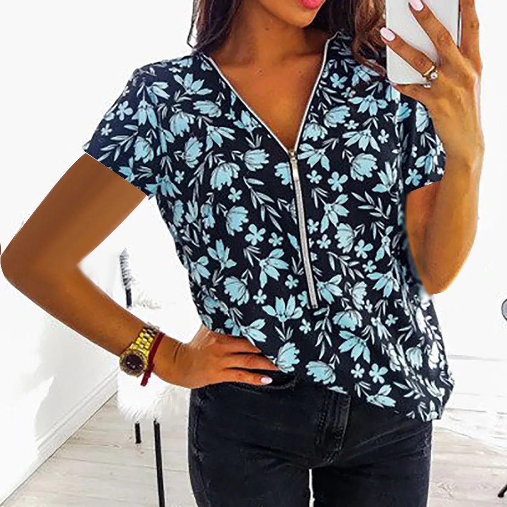 Blusa Vintage de verano con manga corta y cuello en V para mujer, camisa elegante de talla grande con cremallera
