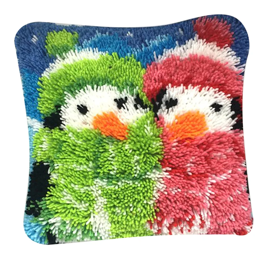 16X16 inch Christmas Latch Hook Crochet Needle Kits for DIY Throw Pillow Cover Sofa Cushion Cover Snowman with Pattern Printed 