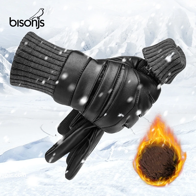 

BISONJS 2020 Winter Warm Men PU Gloves Touch Screen Lengthen Thicken Windproof High Quality Autumn Winter Gloves for Men S051