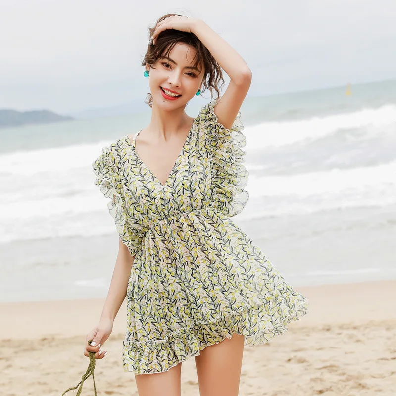 

Two-piece Swimsuits Women's Three-piece Set Bikini Sexy Small Bust Gathering Belly Covering Chiffon Blouse Boxer Bubble Hot Spri