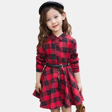 Платье для девочек; платье трапециевидной формы в клетку с поясом для девочек; Детские праздничные платья с длинными рукавами; повседневная одежда для девочек; сезон весна-осень
