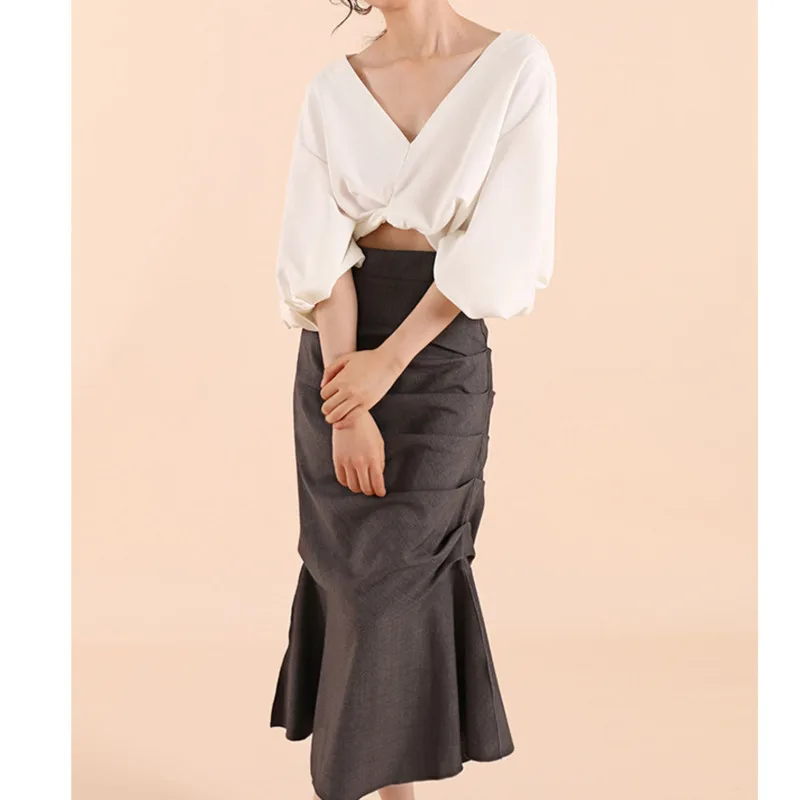 White Solid Twist Front Rib-knit Crop Top Puff Sleeve Sweetheart Neck Blouse Women Summer Office Ladies Elegant Tops And Blouses | Женская