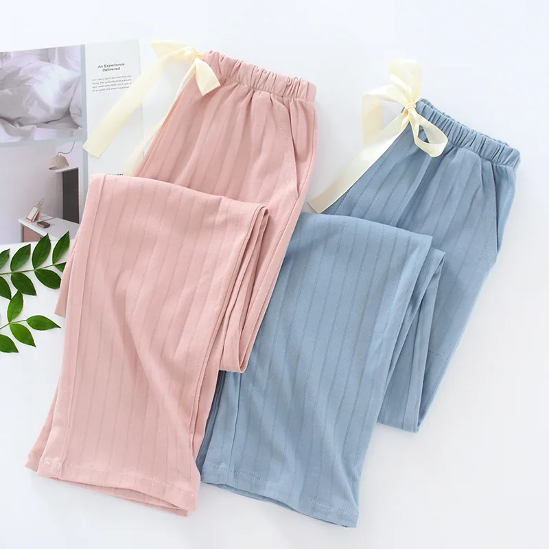 Летняя и осенняя Пижама для сна Одежда для женщин со шнурком свободные тонкие штаны для отдыха трикотажные однотонные Хлопковые Штаны для сна