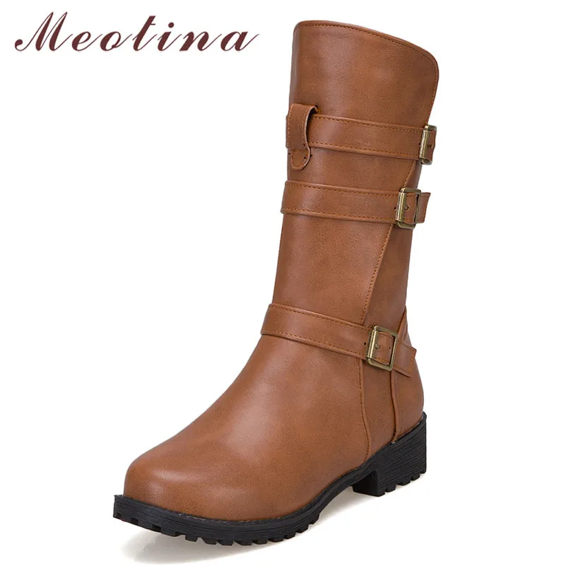 Meotina/зимние сапоги до середины икры женские ботинки на толстом каблуке с пряжкой обувь из искусственной кожи на молнии с круглым носком Женская Осенняя обувь, большие размеры 34-43