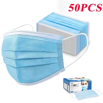 

50 Pcs Face Mask Face Mouth Cover Outdoor Windproof Breathable Youre Meltblown Three-layer Blue Box Facemask Mascarillas