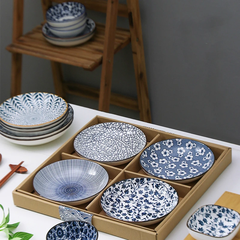 Japanese Retro Dinner Plate Ceramic Printing Round Tableware with Various Patterns Home Restaurant Heating Plates