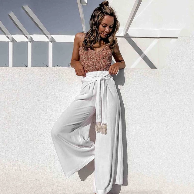 Pantalones informales de pierna ancha para mujer, pantalón palazzo blanco de cintura holgados con cinturón, para verano, 2020 _ - AliExpress Mobile