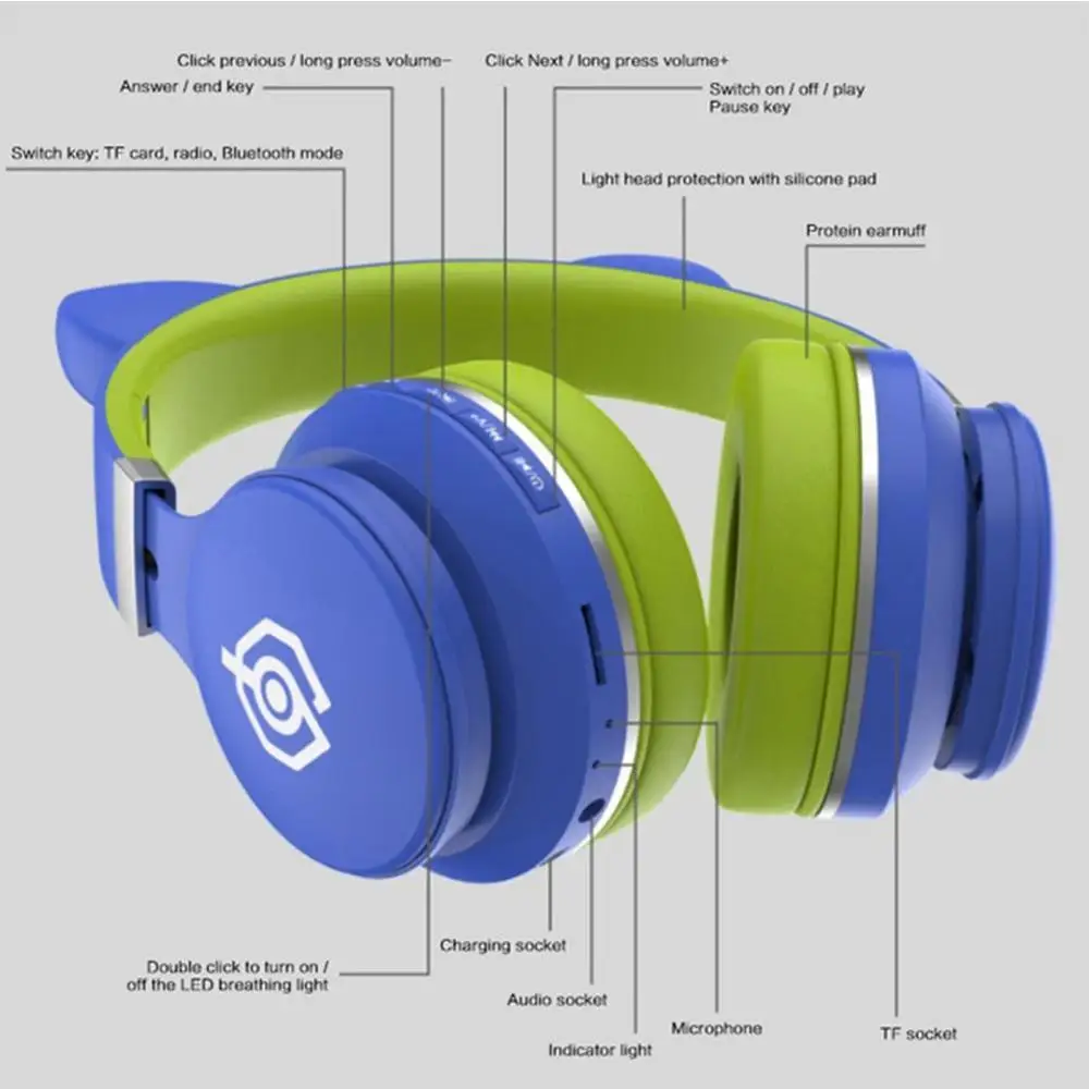 Bluetooth 5 0 Earphone LED Cat Ear Stereo Headphones Support With Plug Card Young Kids Mic People TF Headset 3 5mm A3X8