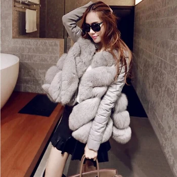 

Winter New 2020 Women O-Neck Fashion Single Breasted Imitation fur coats Female Spliced fox fur PU leather Fur Coats ZX1513