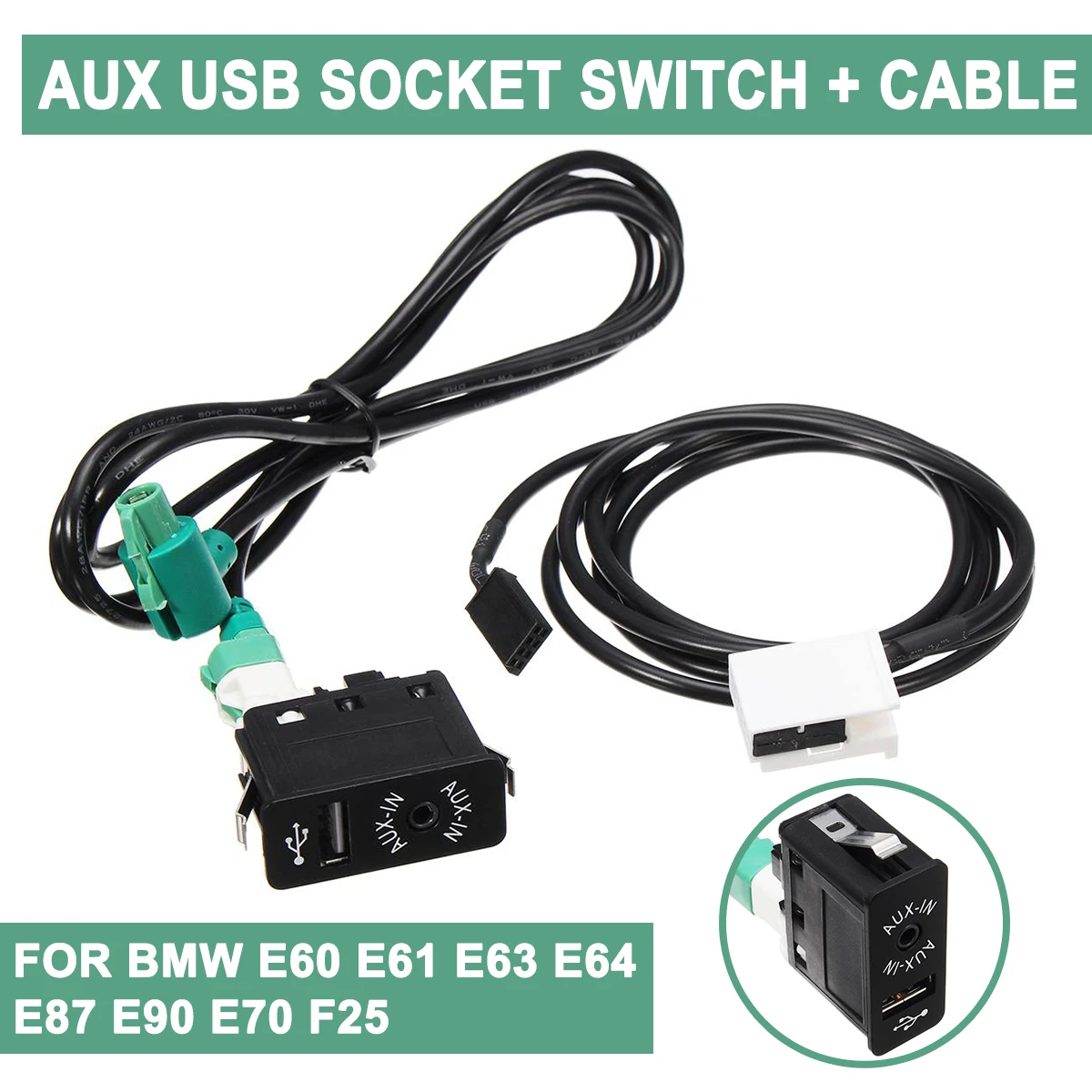 

For BMW E60 E61 E63 E64 E87 E90 E70 F25 for Phantom Car AUX USB Socket Switch+AUX USB Cable USB Cable Adapter Audio Harness Wire