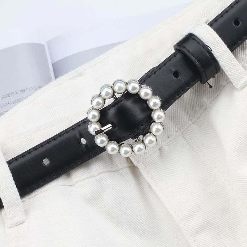 Модный женский ремень из искусственной кожи с круглой квадратной жемчужной пряжкой, черный женский пояс на талию для женщин, Джинсовый пояс для брюк Z20