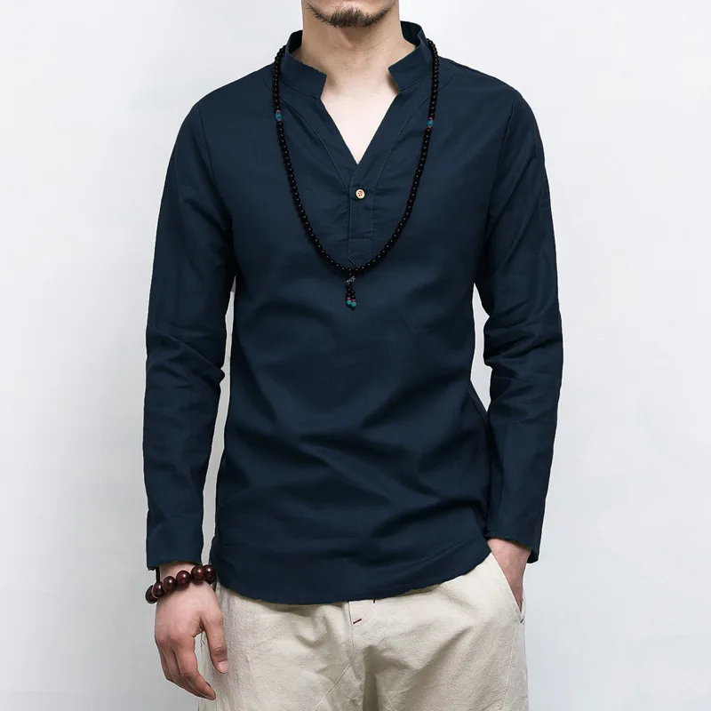 Китайская традиционная Льняная блуза с v-образным вырезом повседневная одежда мужская футболка большого размера топ с длинными рукавами футболка кунг-фу костюм ханфу наряд - Цвет: Синий