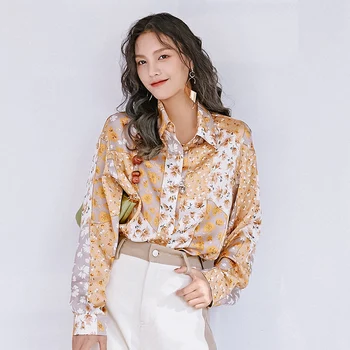 

New Design Retro New Color Matching Shirt Women Floral Print Full Turn Down Collar Loose Shirts Fashion