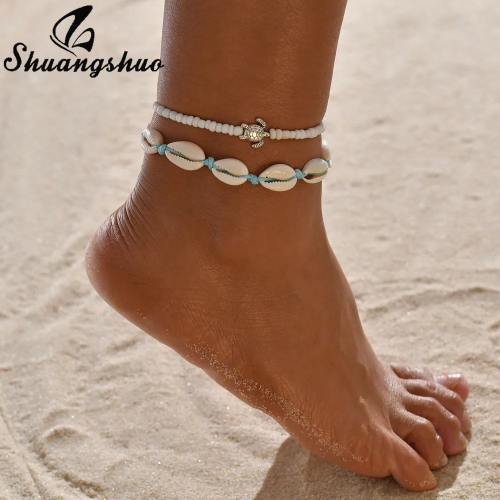 Shuangshuo Мода Boho оболочки подвесные ножные браслеты для женщин Многослойная Веревка Цепи Seashell бижутерия для ног девочек Giftn